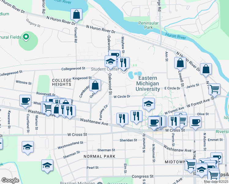 map of restaurants, bars, coffee shops, grocery stores, and more near 900 Oakwood Street in Ypsilanti