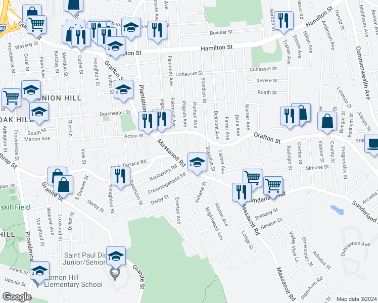 map of restaurants, bars, coffee shops, grocery stores, and more near 255 Pilgrim Avenue in Worcester