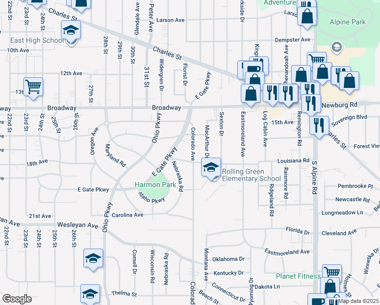map of restaurants, bars, coffee shops, grocery stores, and more near 1731 Colorado Avenue in Rockford