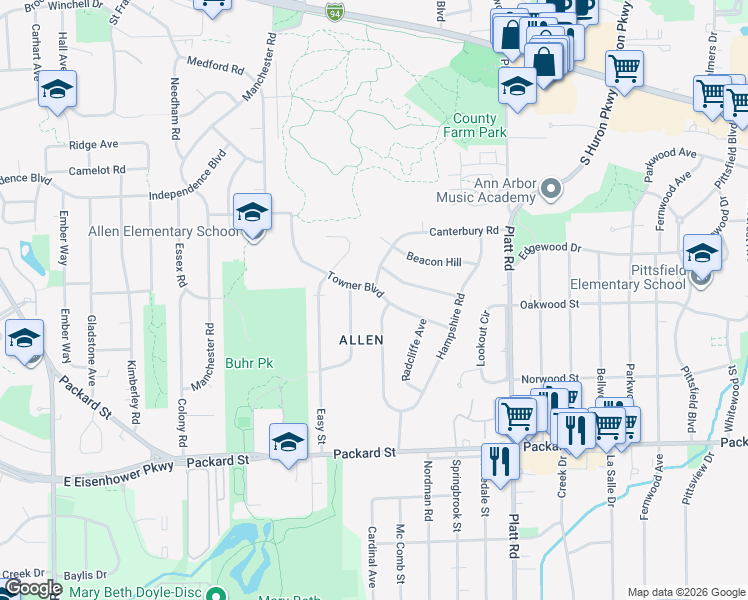 map of restaurants, bars, coffee shops, grocery stores, and more near 2711 Canterbury Road in Ann Arbor
