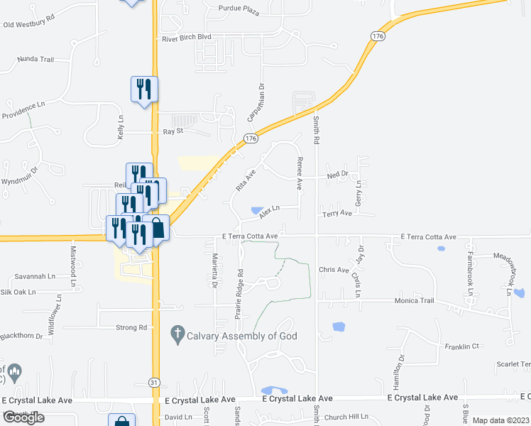 map of restaurants, bars, coffee shops, grocery stores, and more near 4298 Alex Lane in Crystal Lake