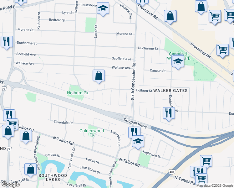 map of restaurants, bars, coffee shops, grocery stores, and more near 4209 Barton Crescent in Windsor