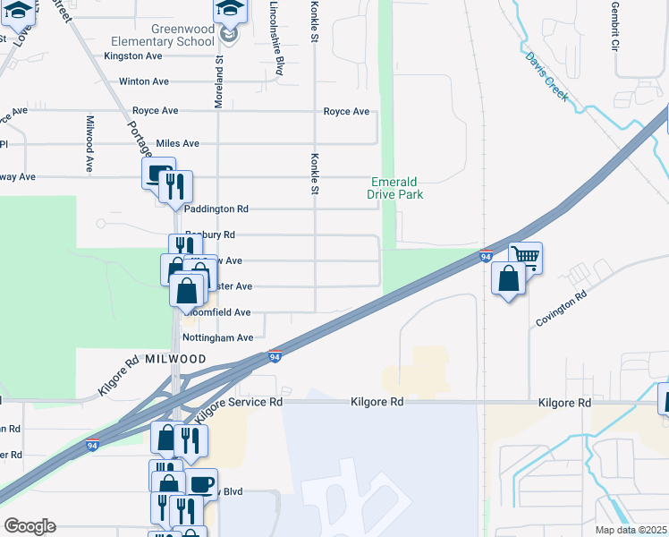map of restaurants, bars, coffee shops, grocery stores, and more near 2128 Banbury Road in Kalamazoo