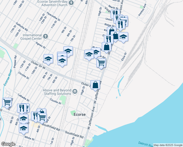 map of restaurants, bars, coffee shops, grocery stores, and more near 32 Woodward Avenue in Ecorse