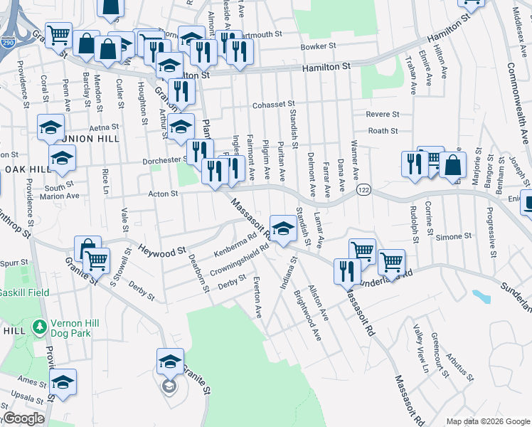 map of restaurants, bars, coffee shops, grocery stores, and more near 235 Pilgrim Avenue in Worcester