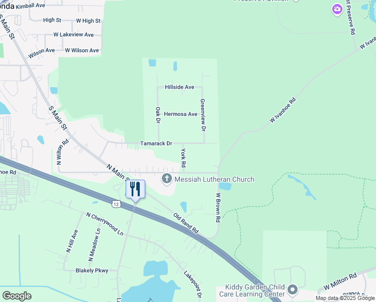 map of restaurants, bars, coffee shops, grocery stores, and more near 25161 Tamarack Drive in Wauconda