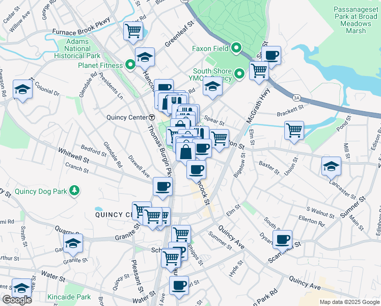 map of restaurants, bars, coffee shops, grocery stores, and more near 1358 Hancock Street in Quincy