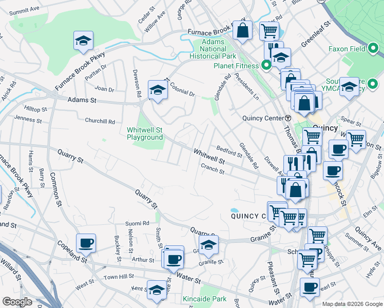map of restaurants, bars, coffee shops, grocery stores, and more near 150 Whitwell Street in Quincy