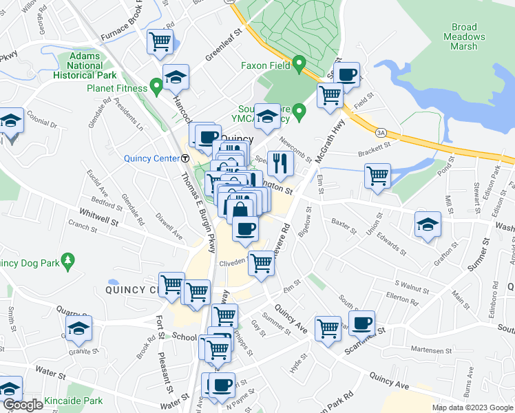 map of restaurants, bars, coffee shops, grocery stores, and more near 56 Chestnut Street in Quincy