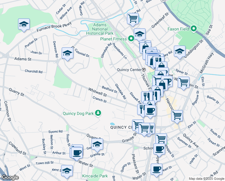 map of restaurants, bars, coffee shops, grocery stores, and more near 42 Bedford Street in Quincy