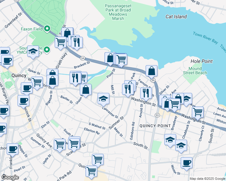map of restaurants, bars, coffee shops, grocery stores, and more near 43 Mill Street in Quincy