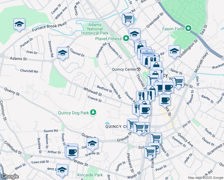 map of restaurants, bars, coffee shops, grocery stores, and more near 111 Glendale Road in Quincy