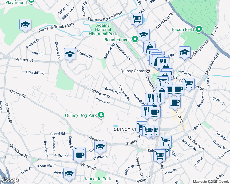 map of restaurants, bars, coffee shops, grocery stores, and more near 111 Glendale Road in Quincy