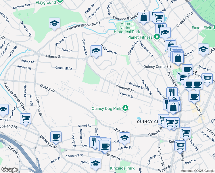 map of restaurants, bars, coffee shops, grocery stores, and more near 111 Whitwell Street in Quincy