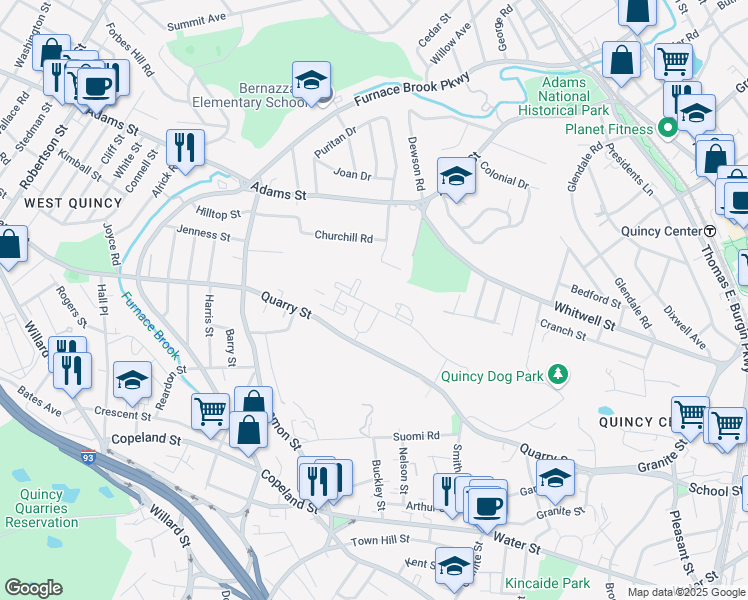 map of restaurants, bars, coffee shops, grocery stores, and more near 285 Quarry Street in Quincy