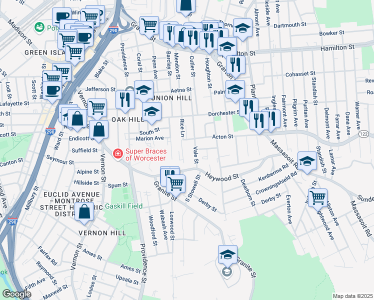 map of restaurants, bars, coffee shops, grocery stores, and more near 72 Vale Street in Worcester