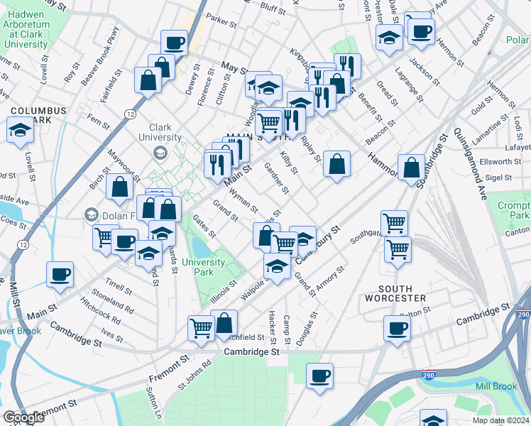 map of restaurants, bars, coffee shops, grocery stores, and more near 16 Hancock Street in Worcester