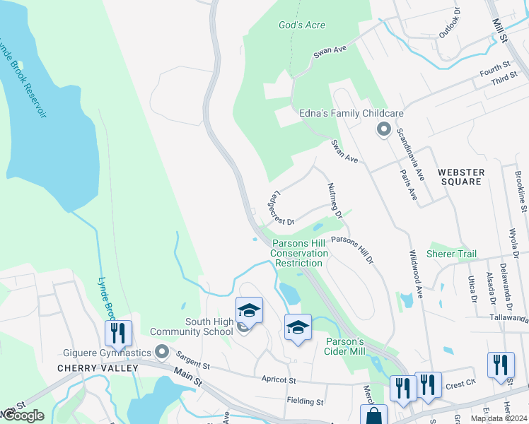 map of restaurants, bars, coffee shops, grocery stores, and more near 110 Goddard Memorial Drive in Worcester