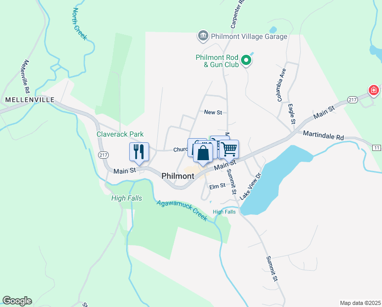 map of restaurants, bars, coffee shops, grocery stores, and more near 17 Church Street in Philmont