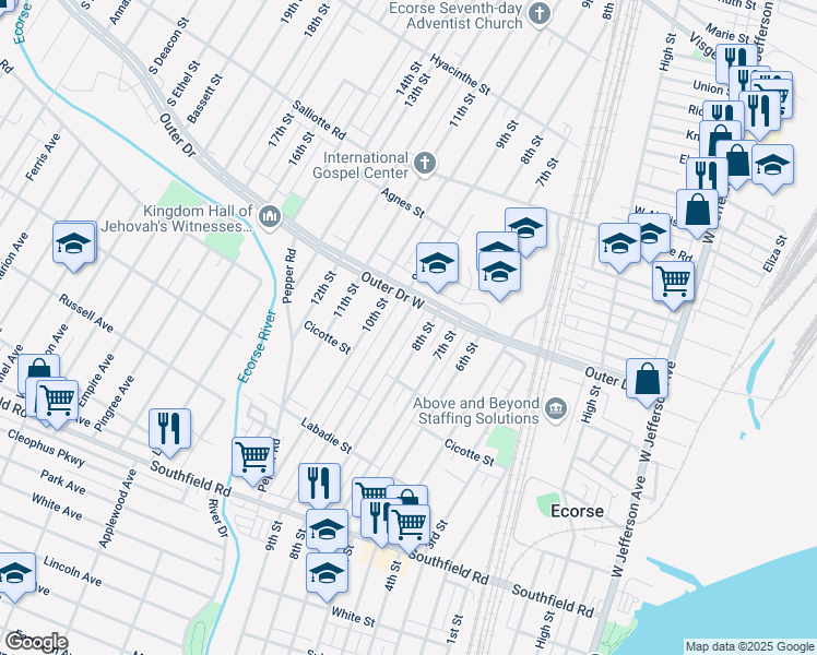 map of restaurants, bars, coffee shops, grocery stores, and more near 4236 9th Street in Ecorse