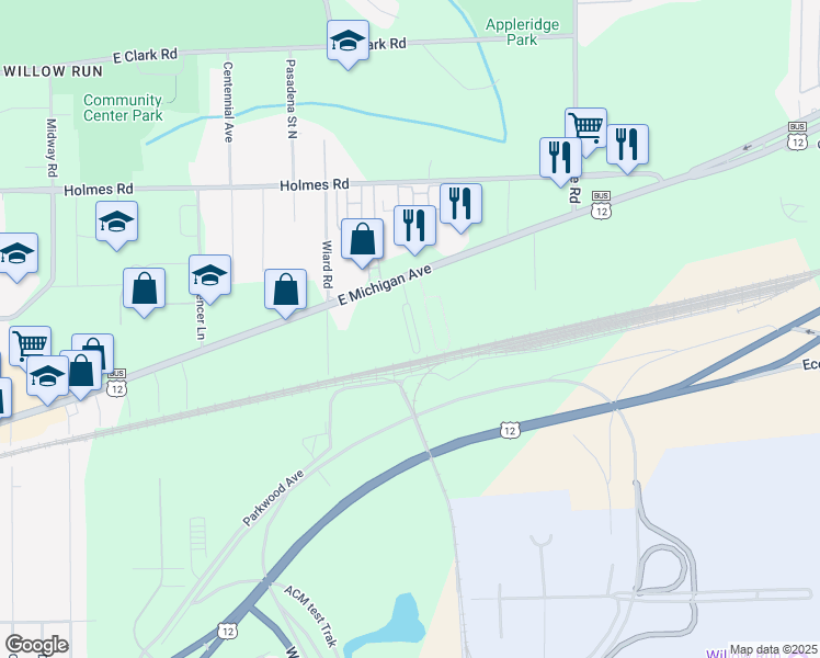 map of restaurants, bars, coffee shops, grocery stores, and more near 2 Riley Court in Ypsilanti