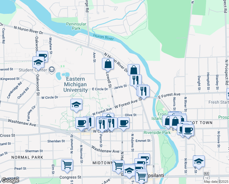 map of restaurants, bars, coffee shops, grocery stores, and more near 334 Jarvis Street in Ypsilanti