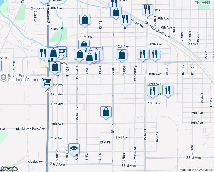 map of restaurants, bars, coffee shops, grocery stores, and more near 1619 9th Street in Rockford