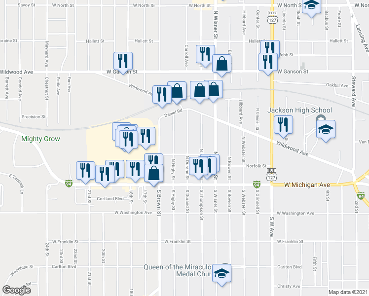 map of restaurants, bars, coffee shops, grocery stores, and more near 204 North Durand Street in Jackson