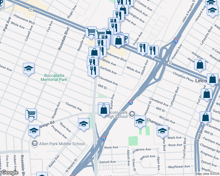 map of restaurants, bars, coffee shops, grocery stores, and more near 1828 Mill Street in Lincoln Park