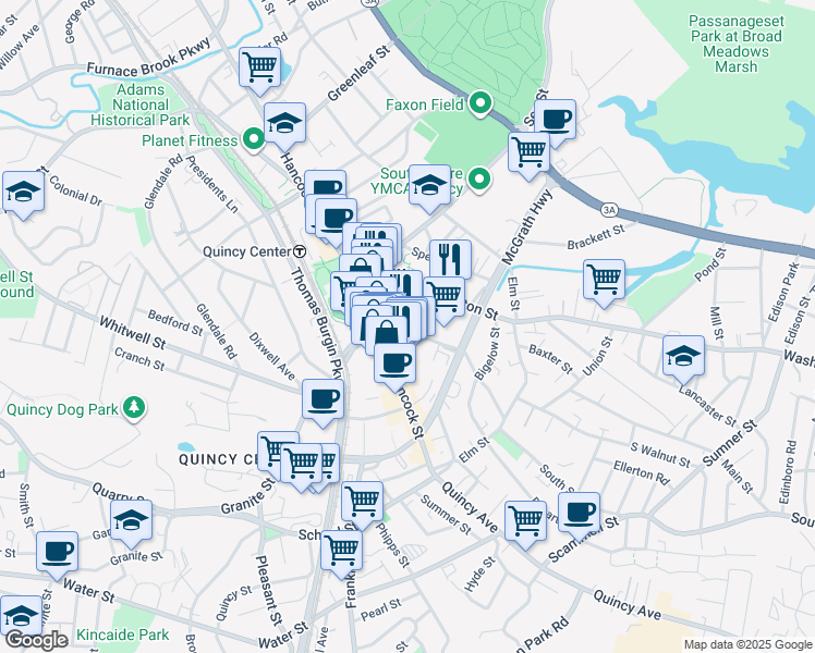 map of restaurants, bars, coffee shops, grocery stores, and more near 28 Chestnut Street in Quincy