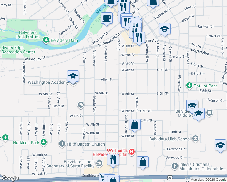 map of restaurants, bars, coffee shops, grocery stores, and more near 305 West 5th Street in Belvidere