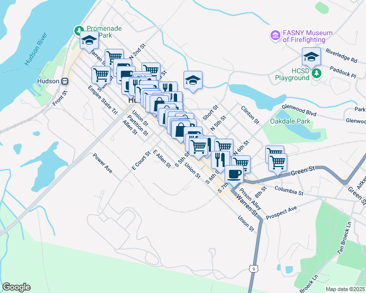map of restaurants, bars, coffee shops, grocery stores, and more near 429 Warren Street in Hudson
