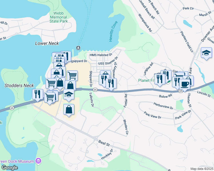 map of restaurants, bars, coffee shops, grocery stores, and more near 319 Lincoln Street in Hingham