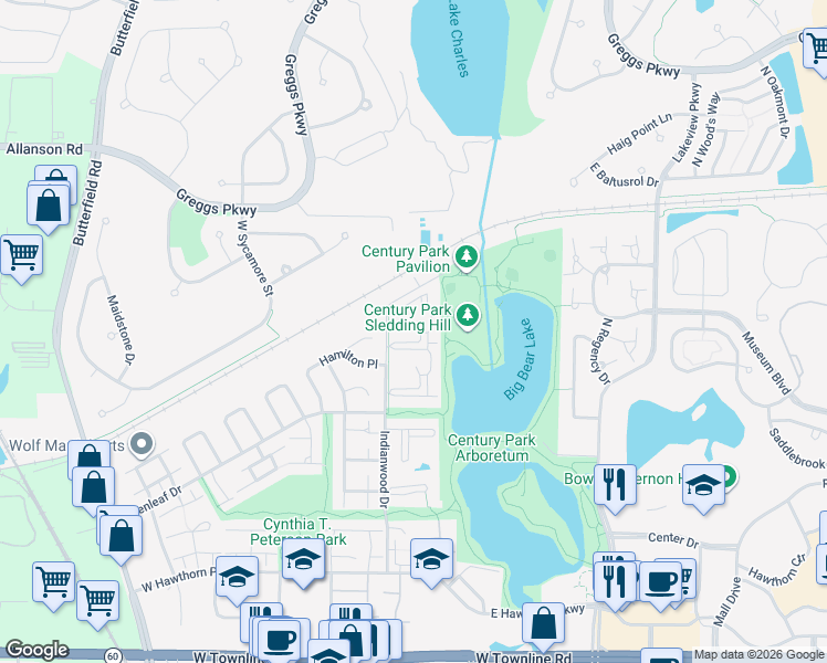 map of restaurants, bars, coffee shops, grocery stores, and more near 16 Echo Court in Vernon Hills