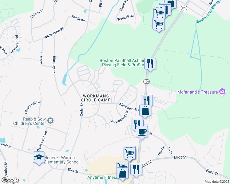 map of restaurants, bars, coffee shops, grocery stores, and more near 106 Algonquin Trail in Ashland