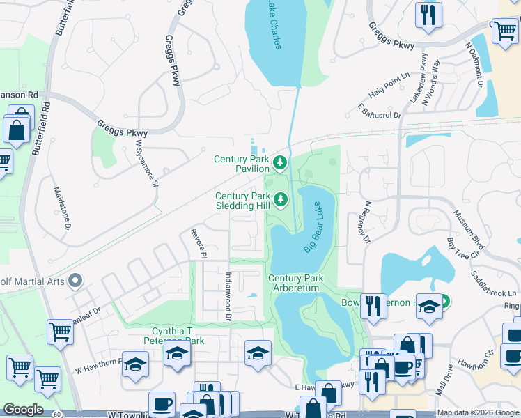 map of restaurants, bars, coffee shops, grocery stores, and more near 7 Cedar Court in Vernon Hills