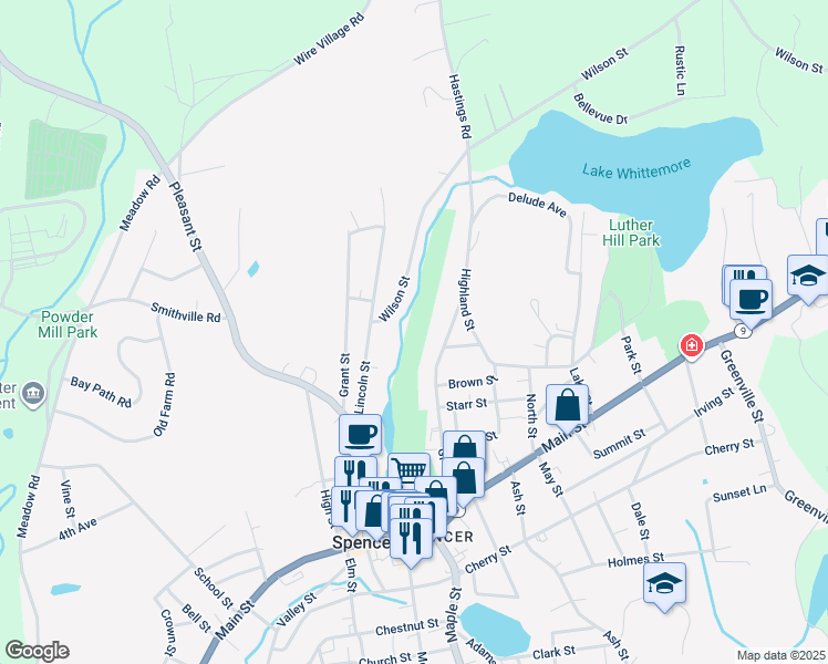 map of restaurants, bars, coffee shops, grocery stores, and more near 6 Wilson Street in Spencer