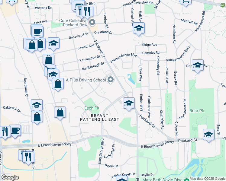 map of restaurants, bars, coffee shops, grocery stores, and more near 2500 Packard Street in Ann Arbor