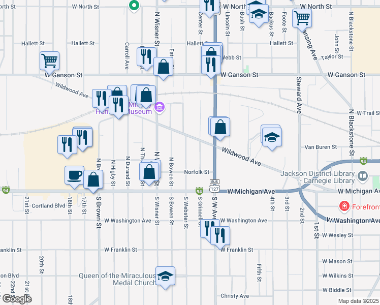 map of restaurants, bars, coffee shops, grocery stores, and more near 234 North Webster Street in Jackson