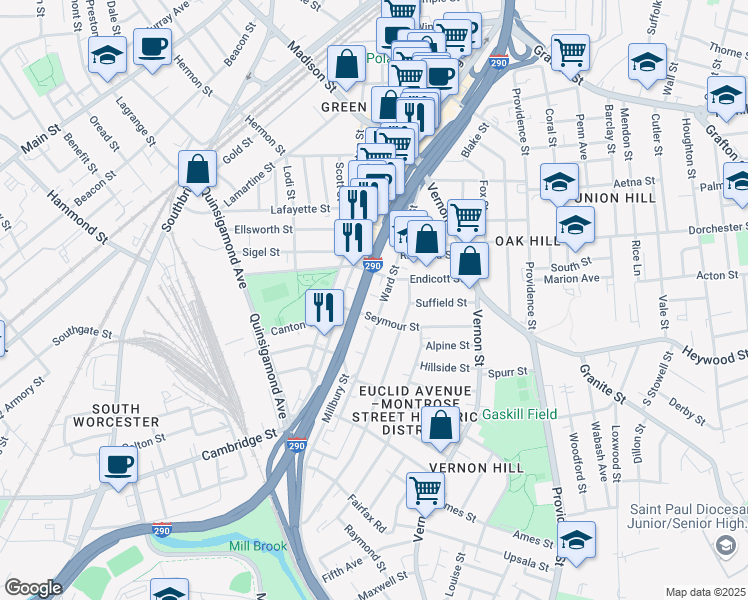 map of restaurants, bars, coffee shops, grocery stores, and more near 18 Worth Street in Worcester