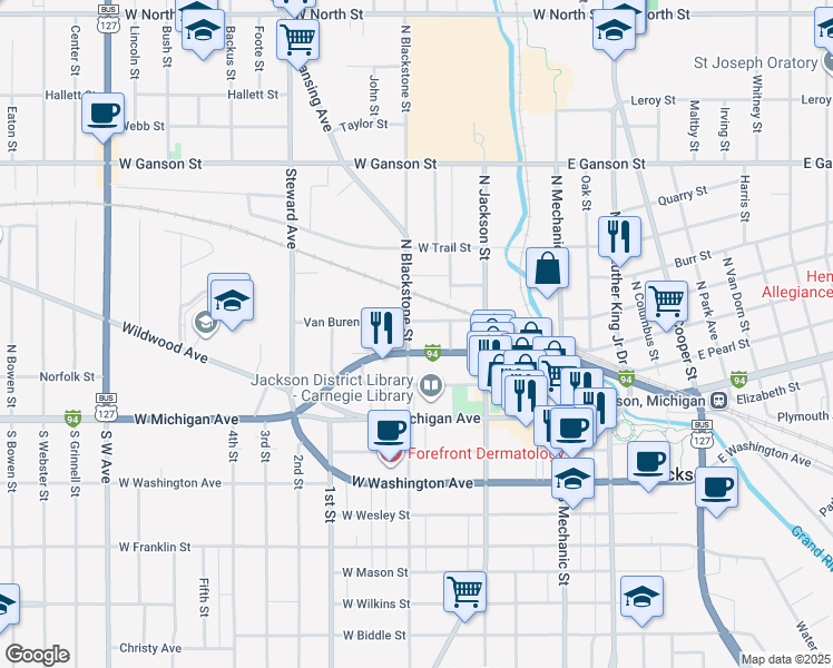 map of restaurants, bars, coffee shops, grocery stores, and more near 232 Van Buren Street in Jackson
