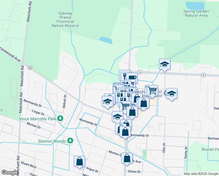 map of restaurants, bars, coffee shops, grocery stores, and more near 1700 Orford Street in LaSalle