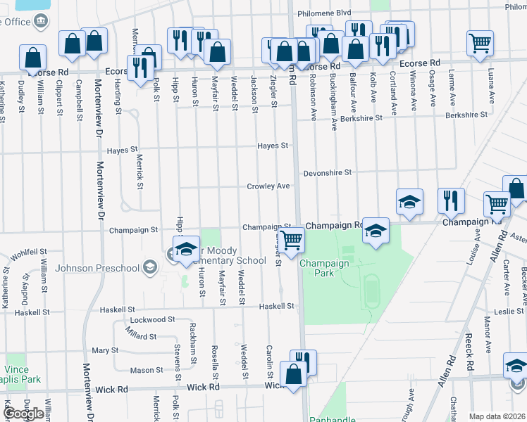 map of restaurants, bars, coffee shops, grocery stores, and more near 8001 Jackson Street in Taylor