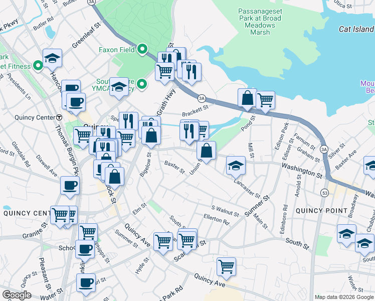 map of restaurants, bars, coffee shops, grocery stores, and more near 196 Washington Street in Quincy