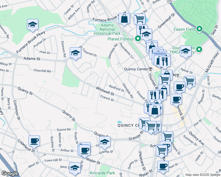 map of restaurants, bars, coffee shops, grocery stores, and more near 6 Bedford Street in Quincy