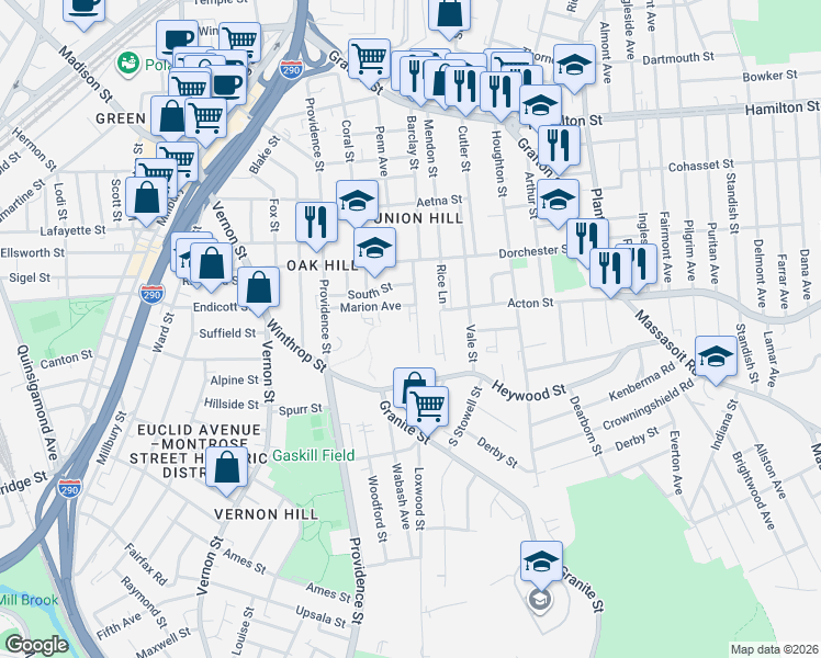 map of restaurants, bars, coffee shops, grocery stores, and more near 14 Shannon Street in Worcester
