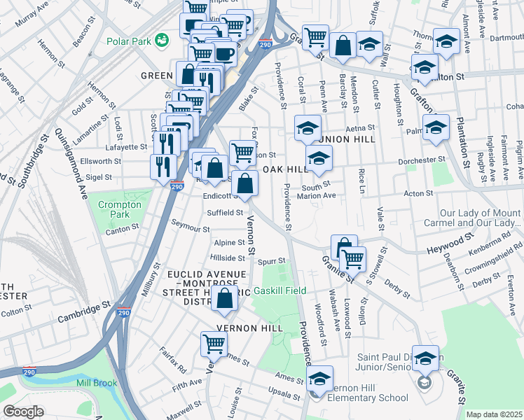 map of restaurants, bars, coffee shops, grocery stores, and more near 67 Vernon Street in Worcester