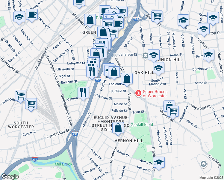 map of restaurants, bars, coffee shops, grocery stores, and more near 110 Endicott Street in Worcester