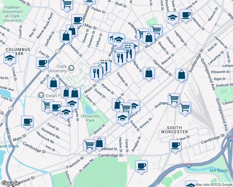 map of restaurants, bars, coffee shops, grocery stores, and more near 16 Hancock Street in Worcester