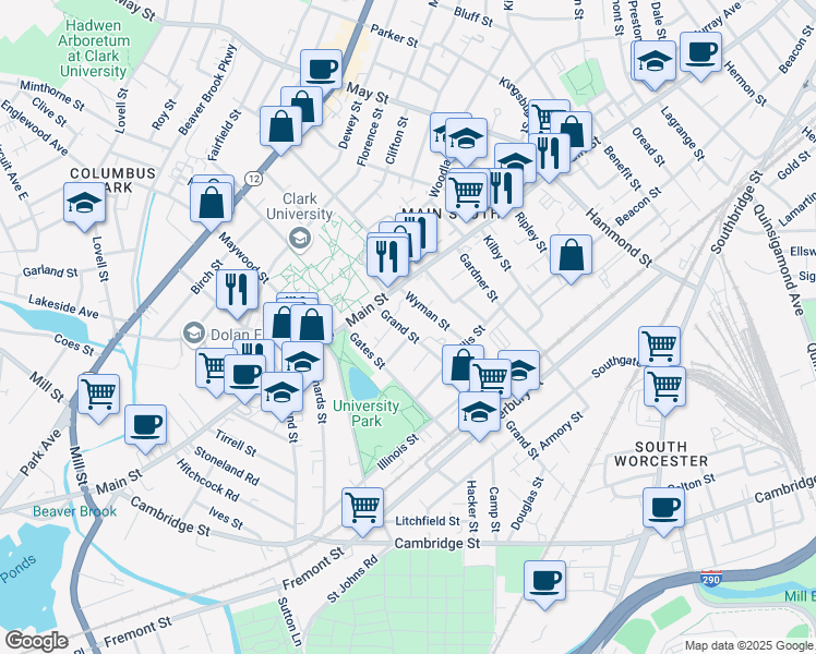 map of restaurants, bars, coffee shops, grocery stores, and more near 4 Wyman Street in Worcester
